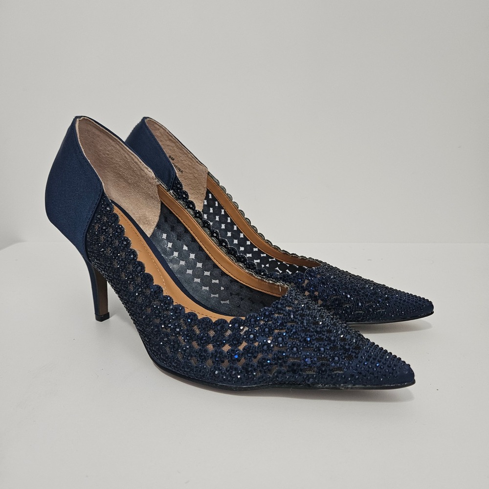 J. Renee Rhinestone Pumps Heels 9M Navy Blue Satin Pointed Toe Event Formal Mesh
